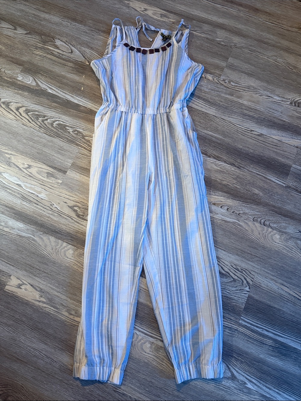 Sleeveless Blue & White Striped Jumpsuit with Tie Neck